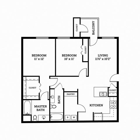 Floor plan for 2 beds, 2 baths, 975 sqft